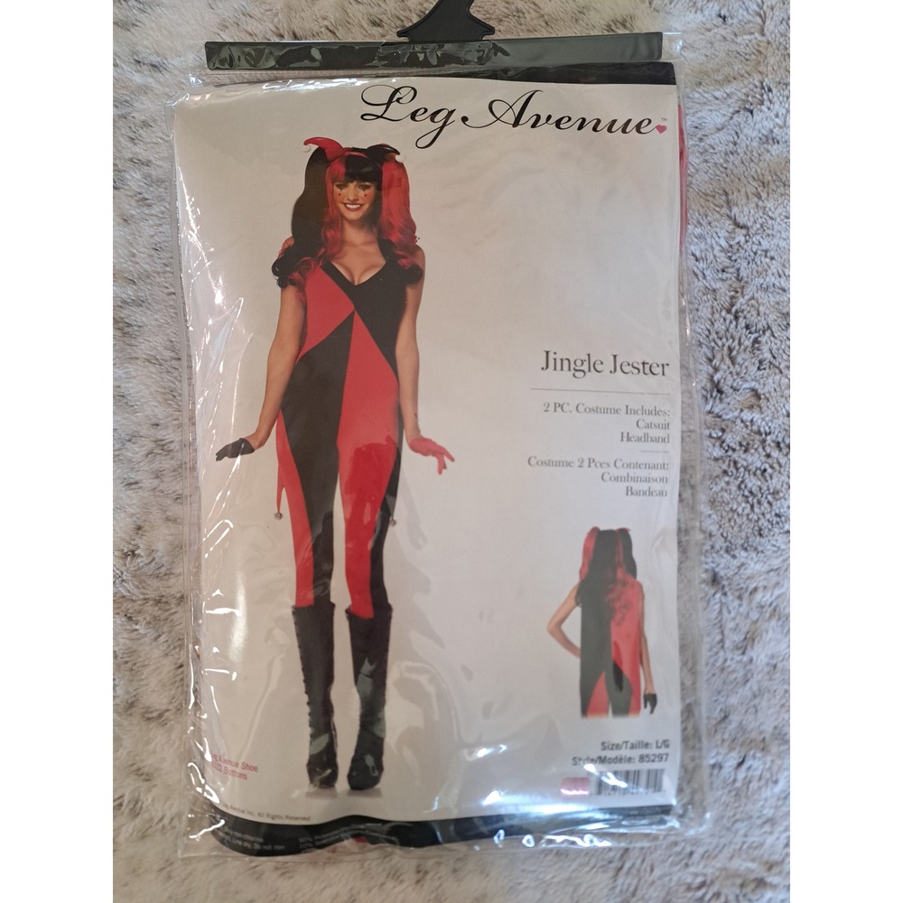 Leg Avenue Jingle Jester Red Black Harlequin Harley Quinn Catsuit Costume Large
